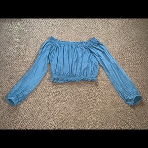 Teal off the shoulder loose long sleeve crop top